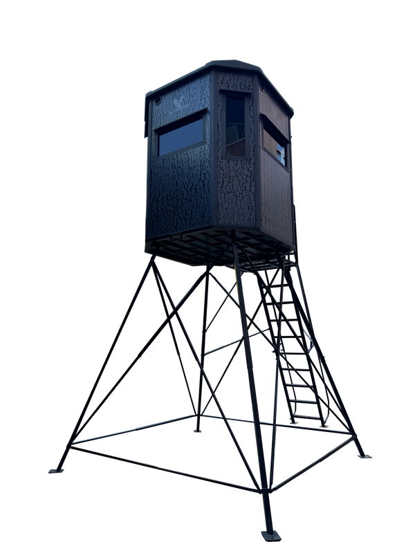 Monarch elevated hunting blind installed on adjustable leg tower system