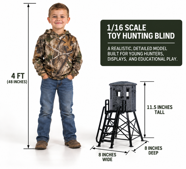 Monarch toy hunting blind 1/16 scale size comparison - 11.5 inches tall next to 4 foot child - hunting gift for kids