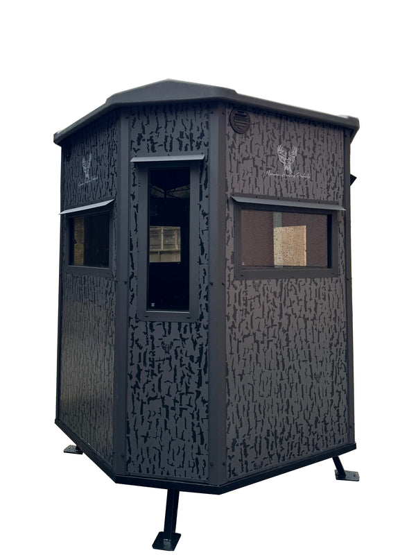 Monarch deer blind set up on hunting property - field view